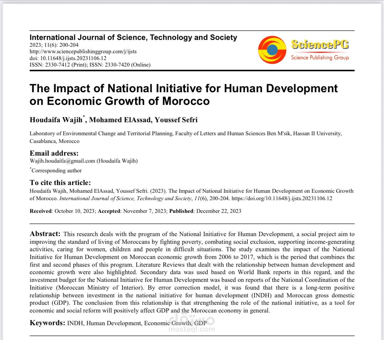 The impact of National Initiative for Human Development on Economic Growth of Morocco