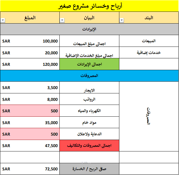 جدول ارباح وخسائر مشروع صغير