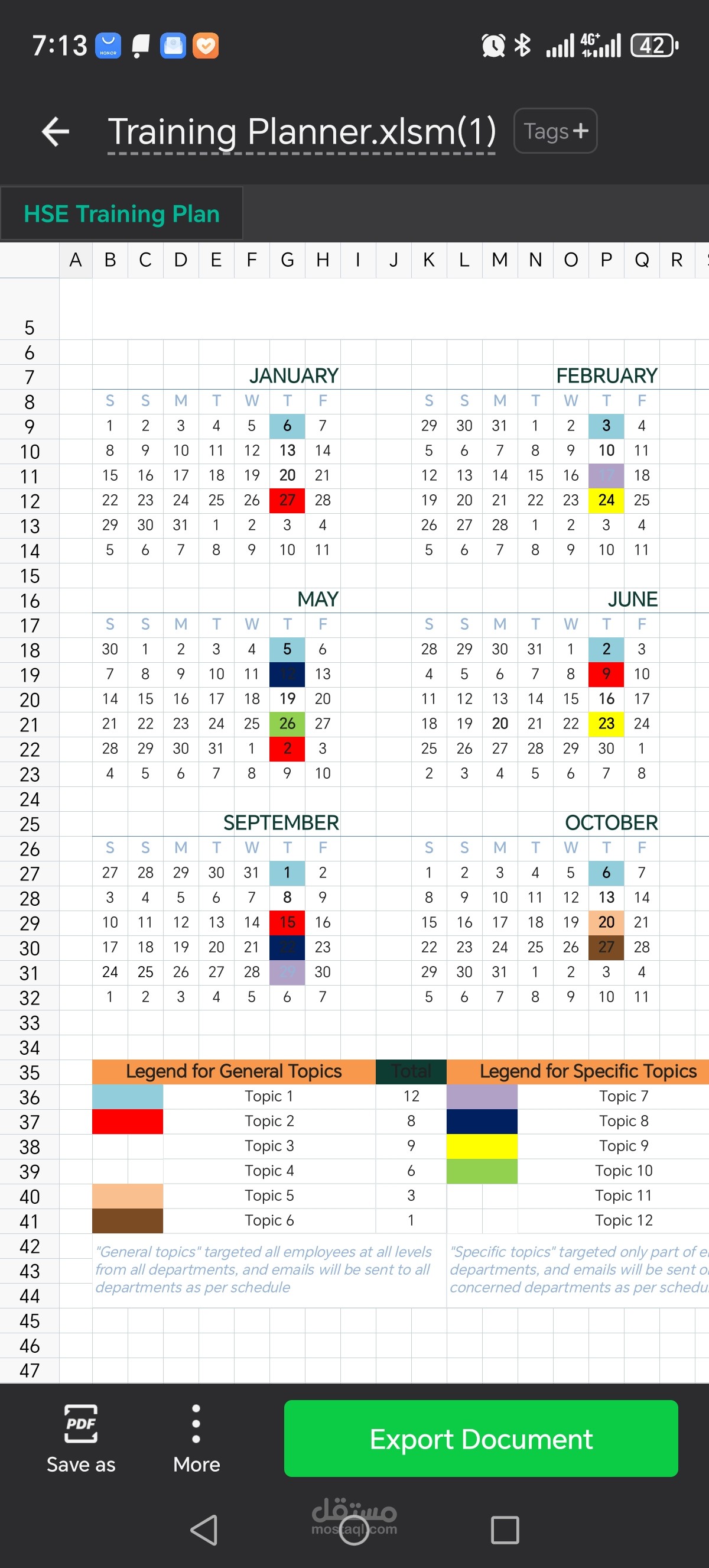 Planning Excel sheet