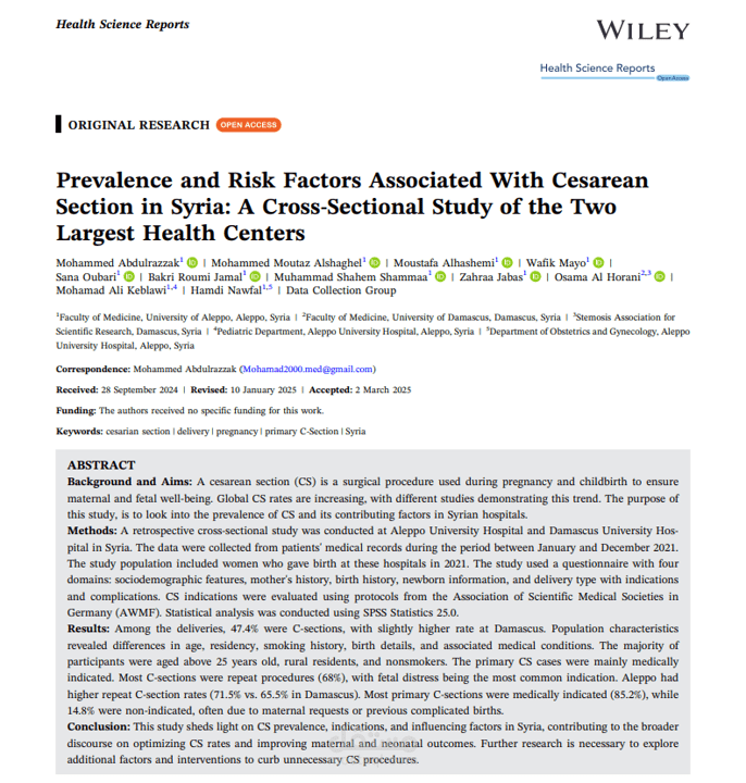 Research Study: Cross-Sectional—Prevalence and Risk Factors Associated With Cesarean Section in Syria: A Cross‐Sectional Study of the Two Largest Health Centers