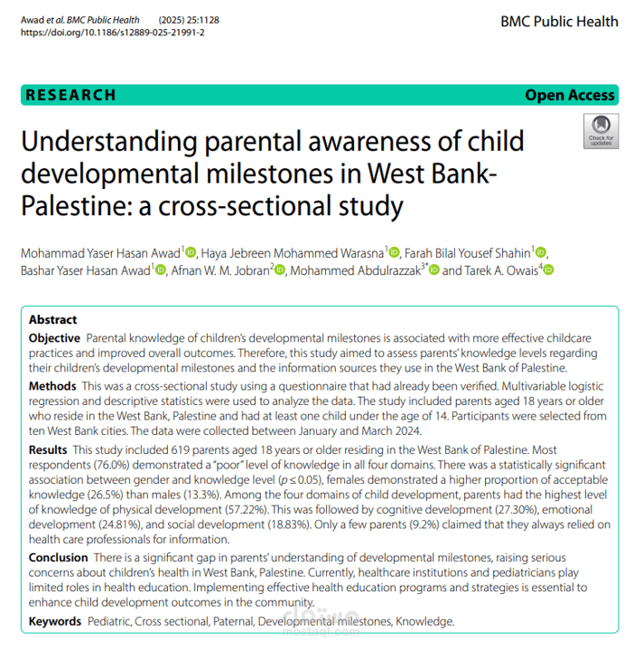 Research Study: Cross-Sectional—Understanding parental awareness of child developmental milestones in West Bank-Palestine: a cross-sectional study