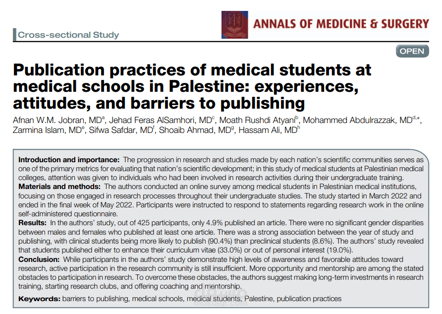 Research Study—Cross-Sectional: Publication practices of medical students at medical schools in Palestine: experiences, attitudes, and barriers to publishing