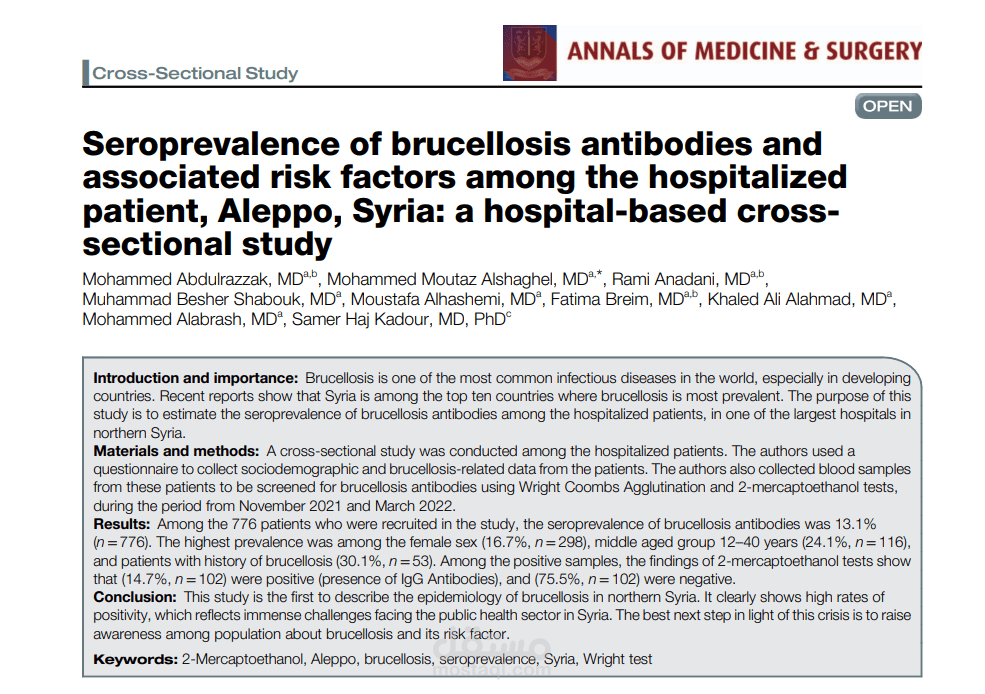 Research Study—Cross-Sectional: Seroprevalence of brucellosis antibodies and associated risk factors among the hospitalized patient, Aleppo, Syria: a hospital-based cross-sectional study