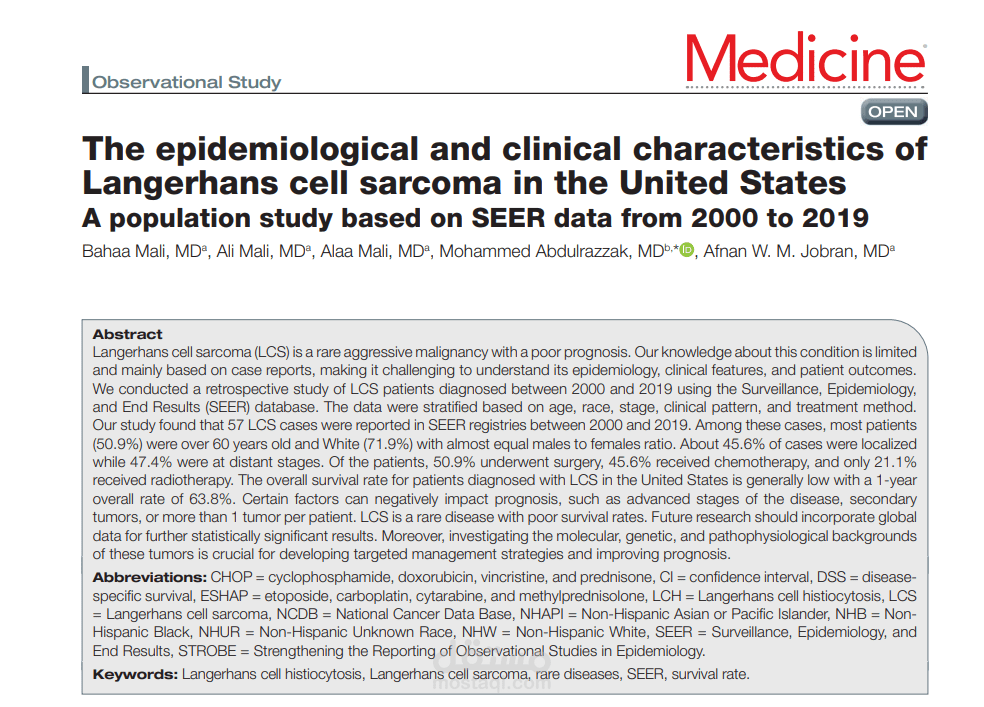 Research Study—Cross-Sectional: The epidemiological and clinical characteristics of Langerhans cell sarcoma in the United States: A population study based on SEER data from 2000 to 2019