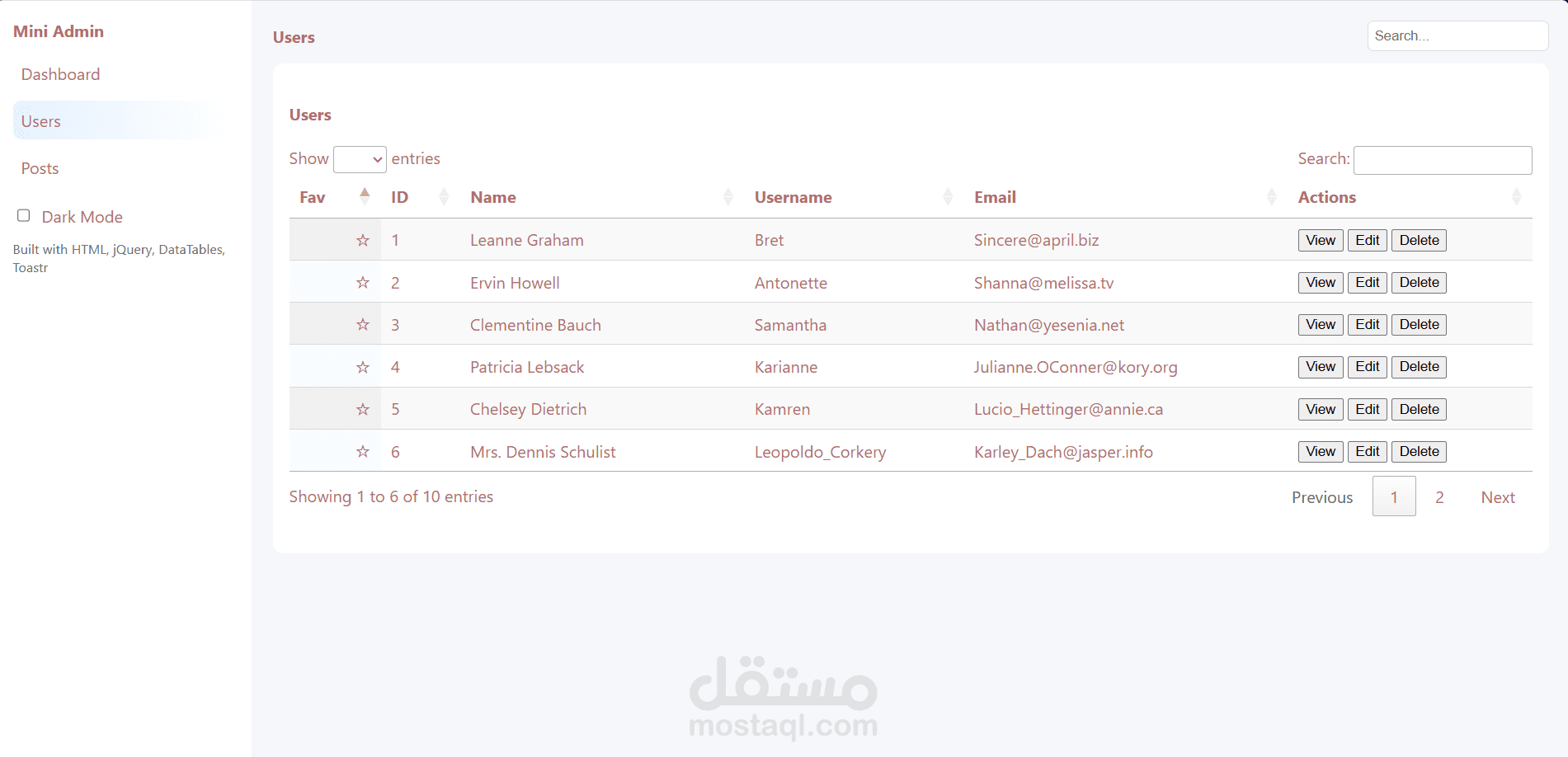 Mini Admin Dashboard باستخدام: HTML, CSS, Animate.css, JS, jQuery, DataTables, JSONPlaceholder API, Toastr.