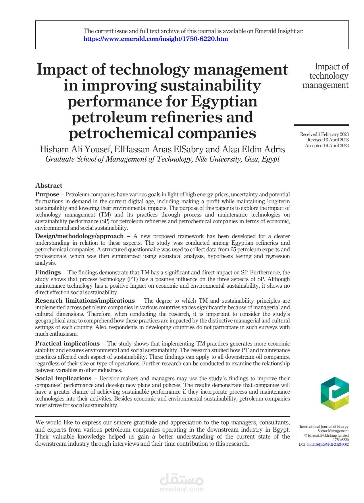 مقالة بحثية: Impact of technology management in improving sustainability performance for Egyptian petroleum refineries and petrochemical companies