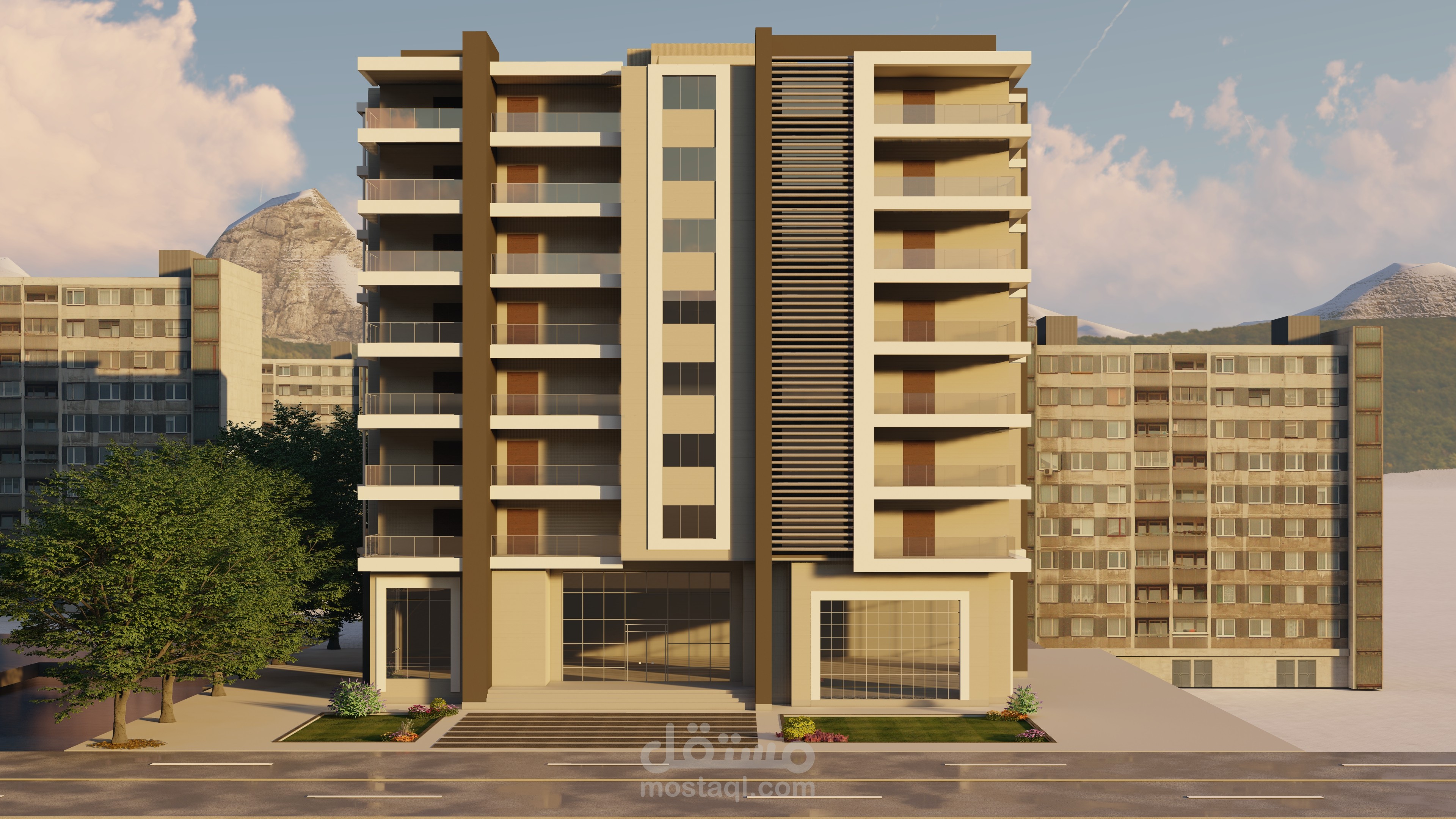 مشروع متكامل لمبنى متعدد الاستخدامات (سكني وتجاري) – من التصميم المعماري إلى التصوير الواقعي