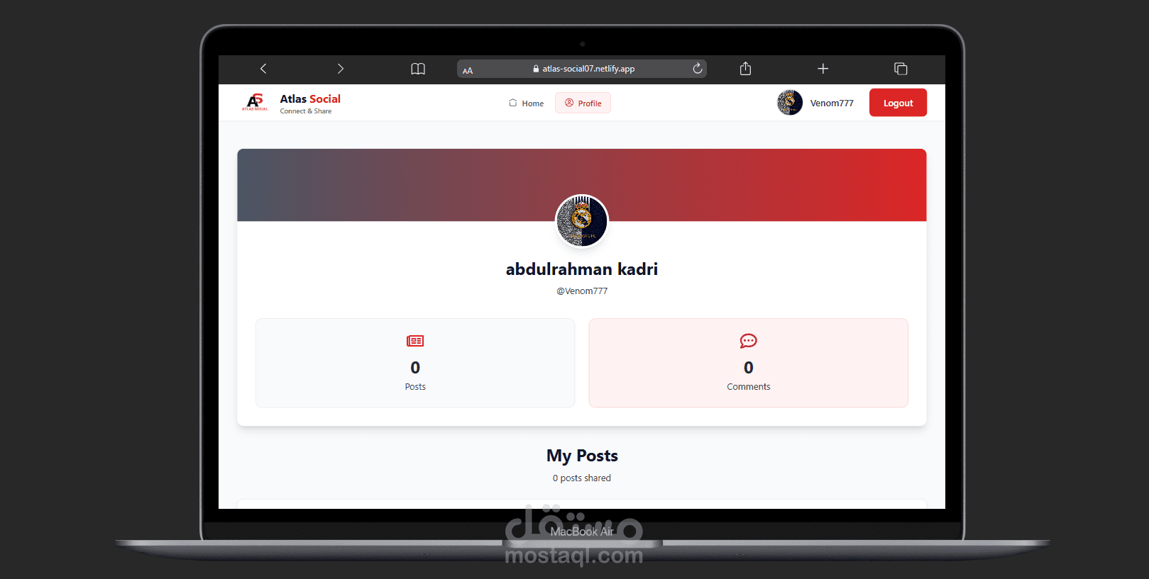 تطوير منصة تدوين تفاعلية (Atlas Social) باستخدام React + Tailwind CSS