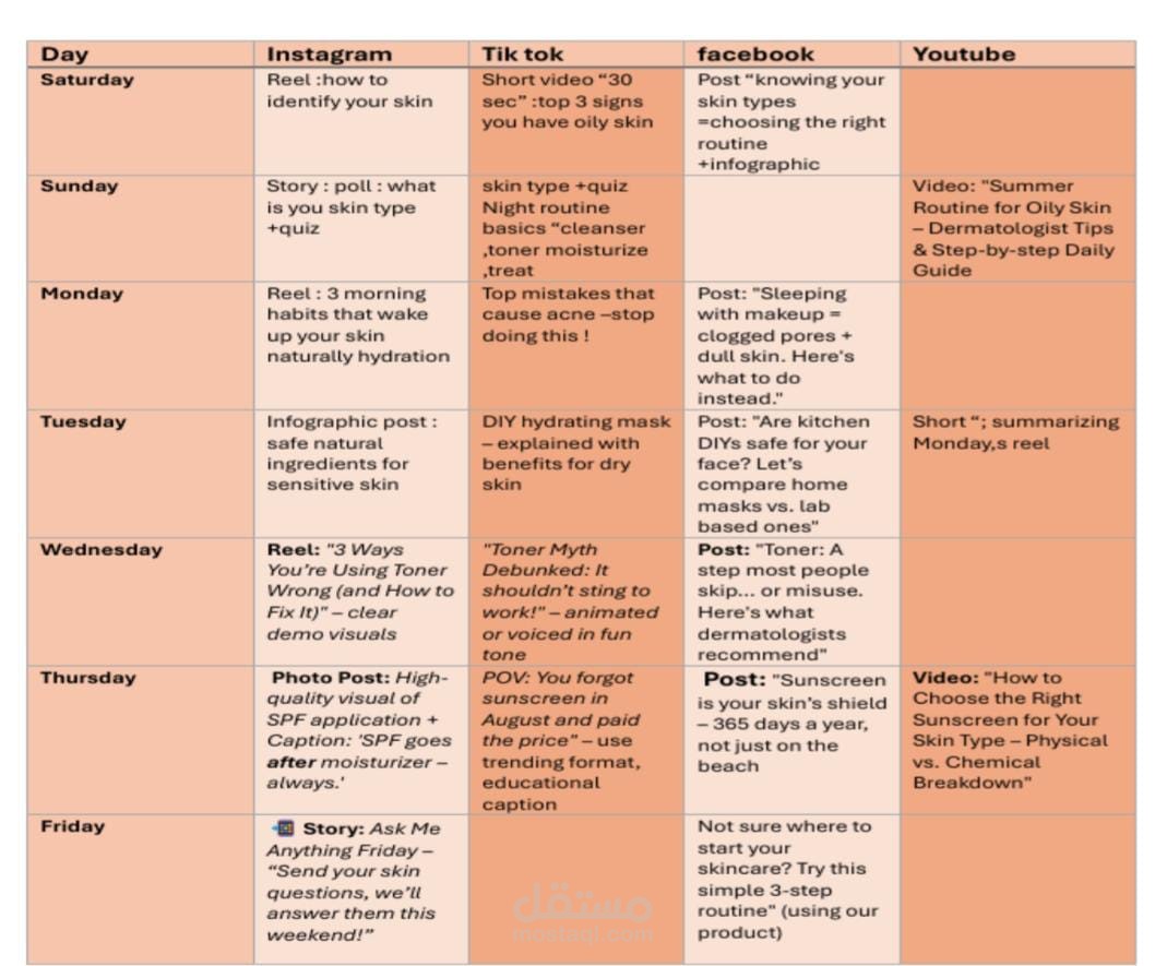 weekly content calendar for a skin care brand