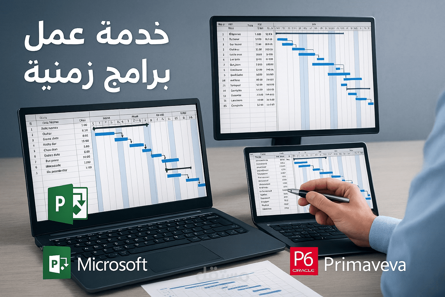 عمل برامج زمنيه وإدارة مشروعات باستخدام برامج مثل ( Primavera أو MS Project)