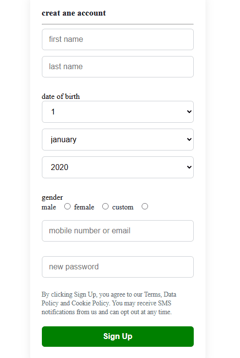 facbook login page