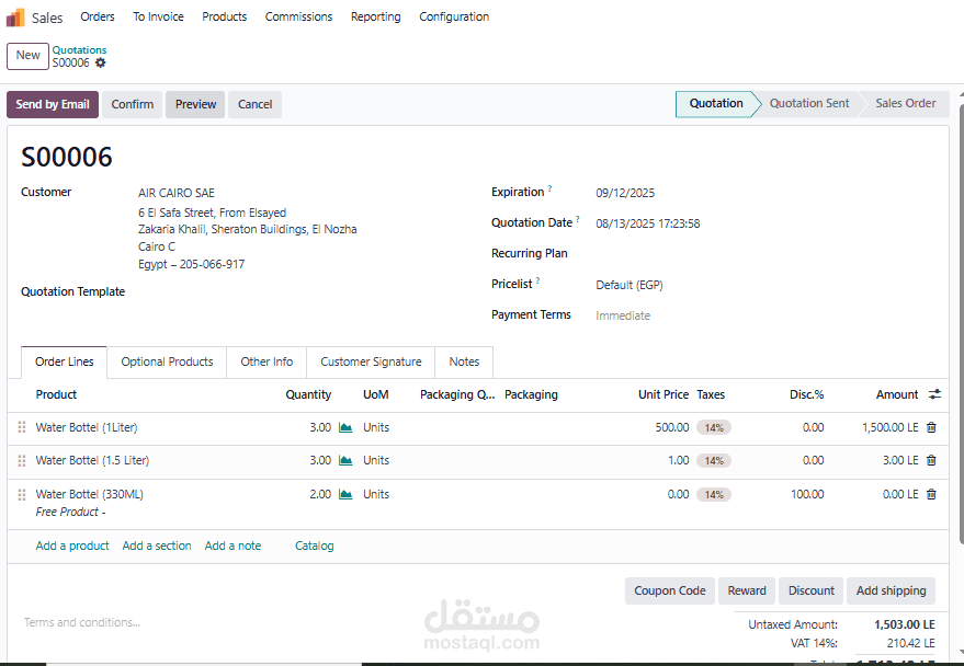 تنفيذ اعداد مديول المبيعات ومديول ادارة علاقات العملاء  واعداد POS لشركة تعبئة زجاجات المياة للشرب.