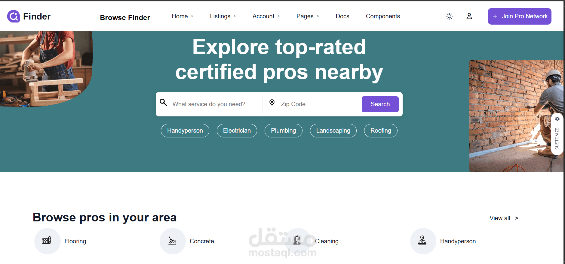 تصميم صفحة الcontractors home pageلموقع Finder