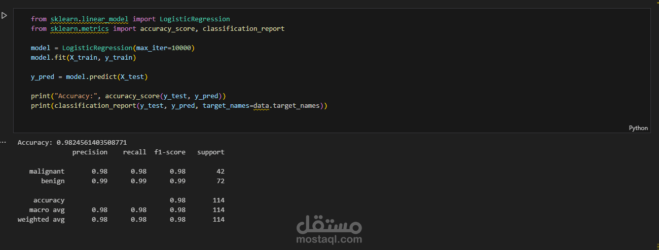 نموذج ذكاء اصطناعي لتصنيف الأورام (حميد أم خبيث) باستخدام الانحدار اللوجستي