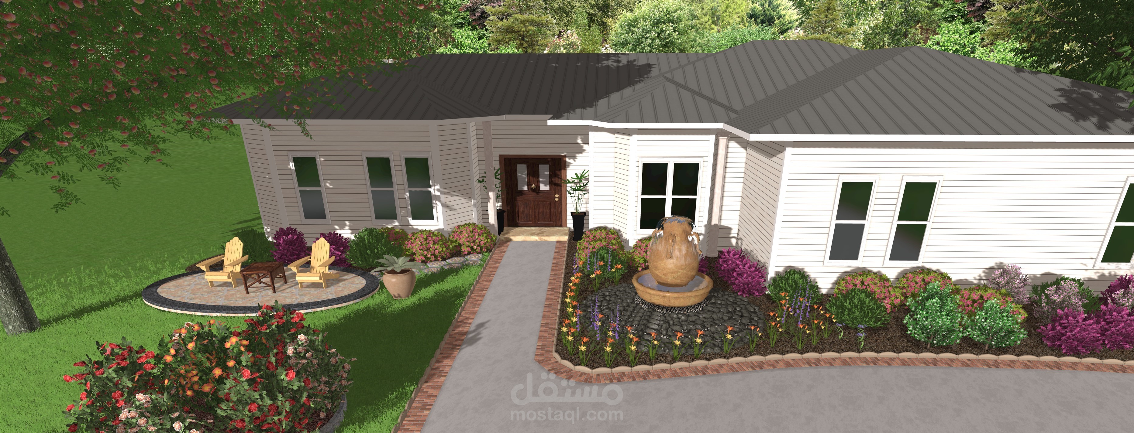 تصميم حديقة أمامية لفيلا سكنية خاصة بولاية تكساس بالولايات المتحدة الأمريكية Design of front yard garden of a private residential villa in Texas, USA