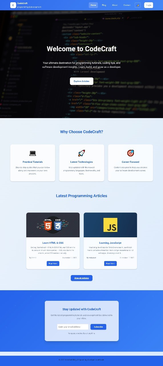تصميم صفحة رئيسية لموقع برمجة وتطويرCodeCraft