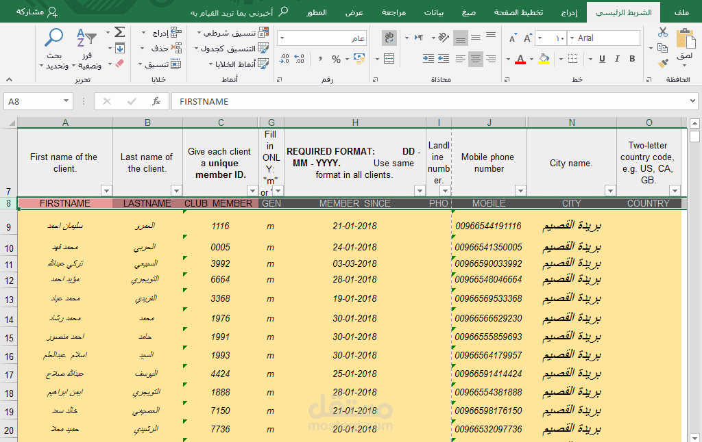 ادخال البيانات علي الاكسيل وتنظيمه