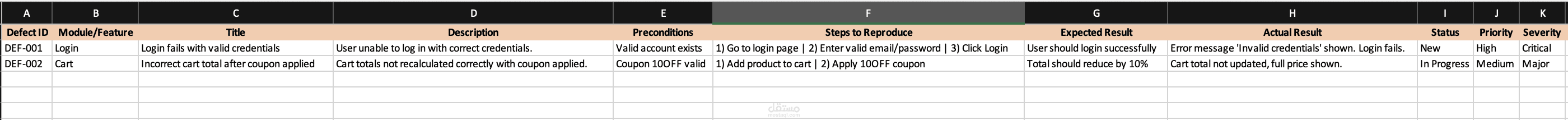 Defects/Bugs Template