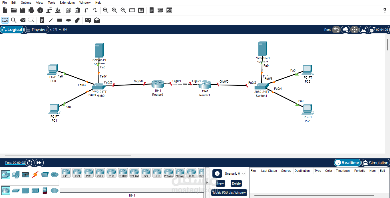 تصميم وتنفيذ شبكة تربط فرعين مع خادم (Server) باستخدام Cisco Packet Tracer