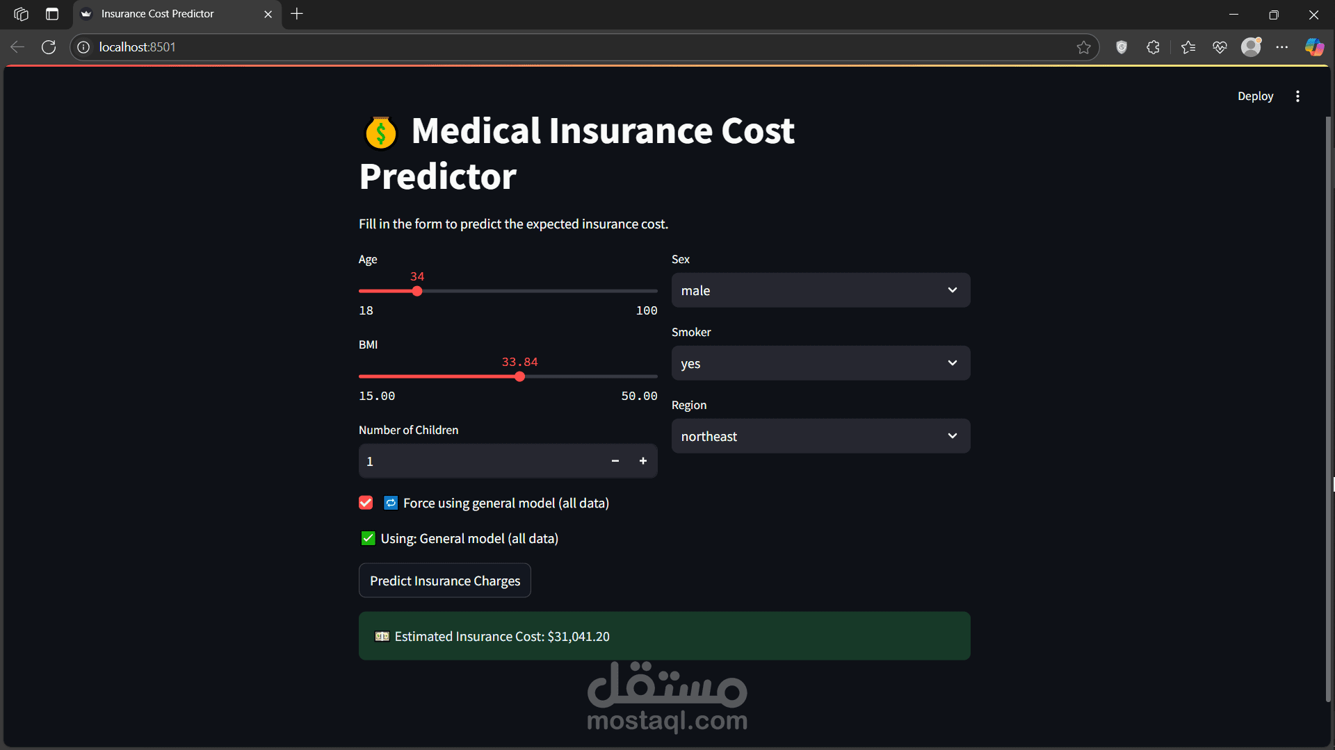 توقع تكلفة التأمين الصحي باستخدام تعلم الآلة وتطبيق ويب تفاعلي