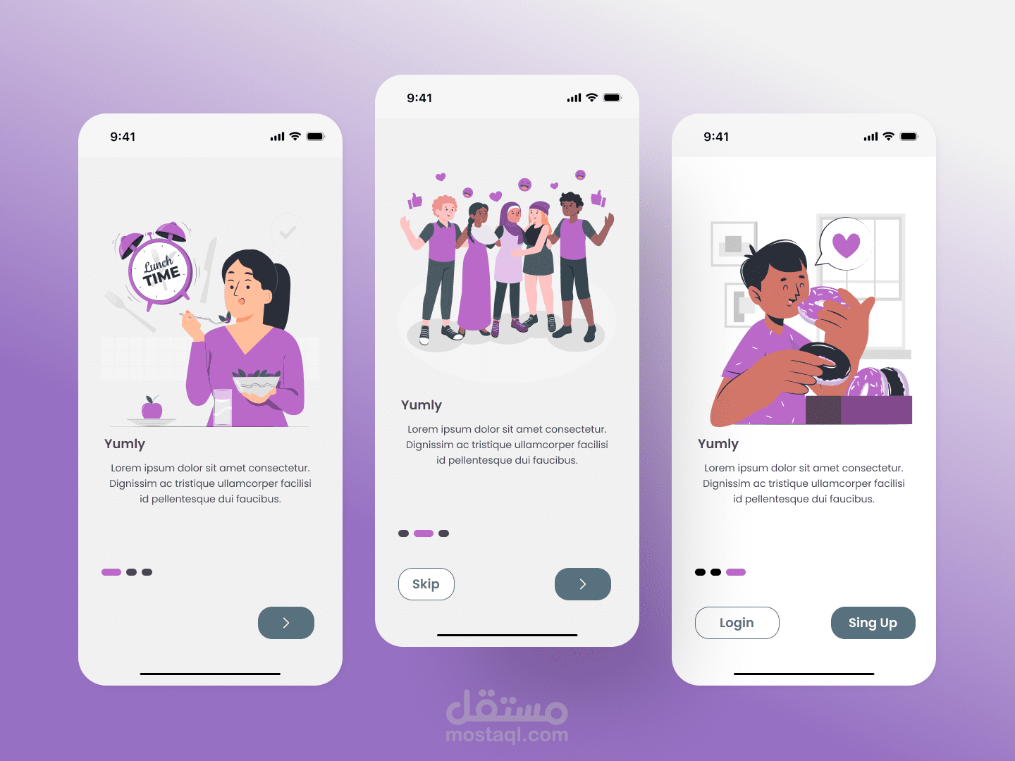 تصميم واجهات ترحيبية (Onboarding Screens) لتطبيق طعام باسم Yumly.