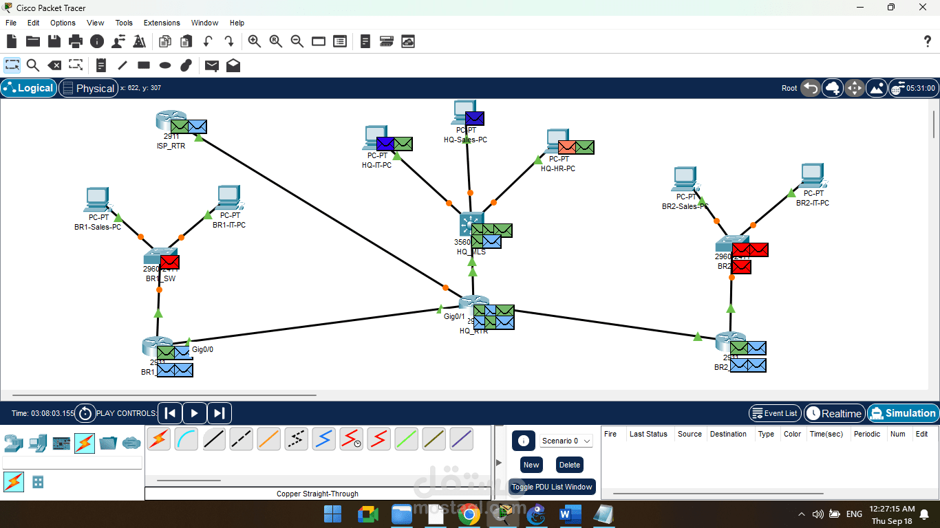 تصميم وتنفيذ شبكة مقر رئيسي مع فرعين باستخدام VLANs, OSPF, NAT