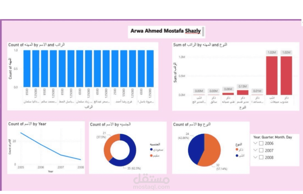 لوحة تحكم Power BI لتحليل بيانات الموظفين حسب النوع والجنسية والفروع