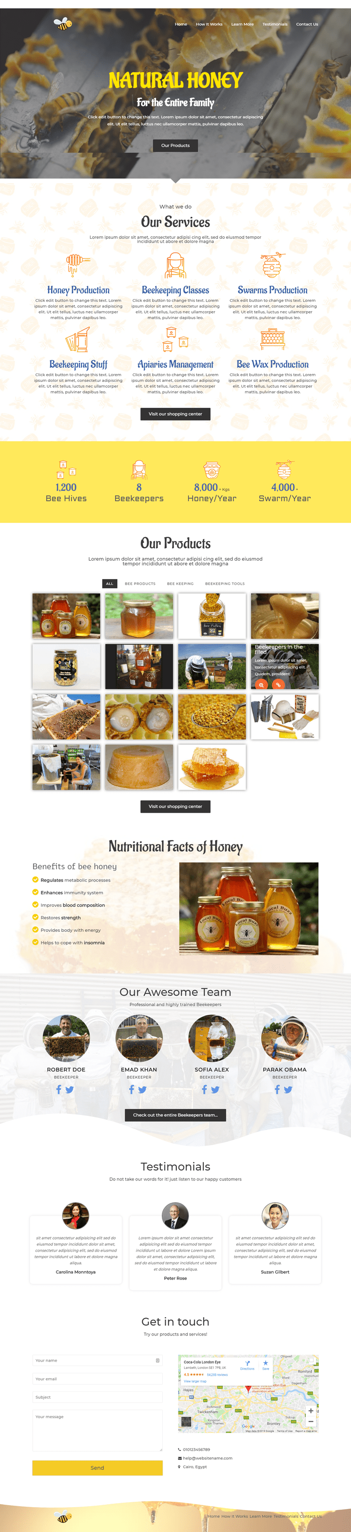 صفحة البداية LandingPage لموقع انجليزي عن نحل العسل ومنتجاته