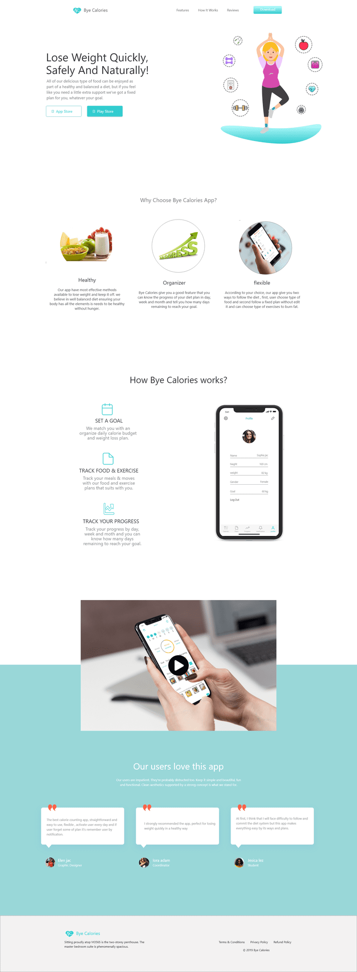 landing page for bye calories app