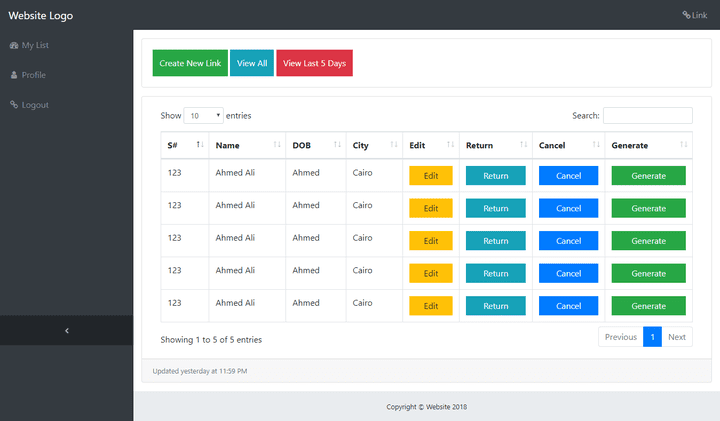 Dashboard using Bootstrap 4