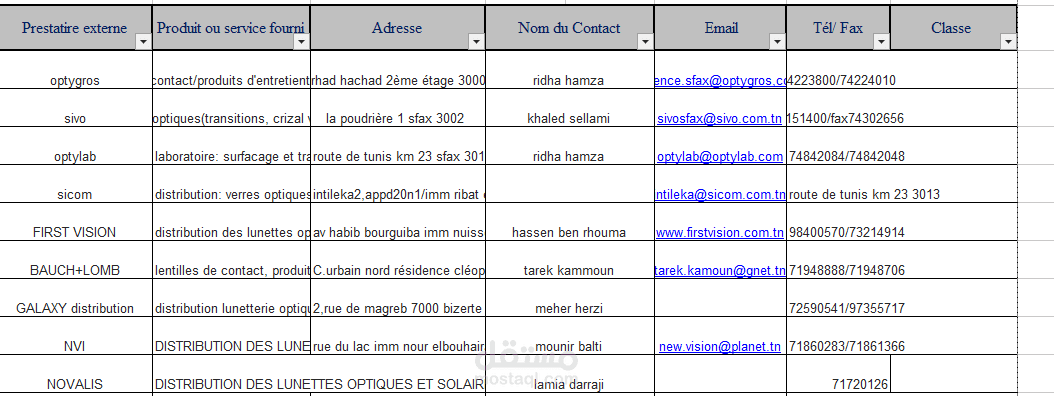 liste des fournisseur