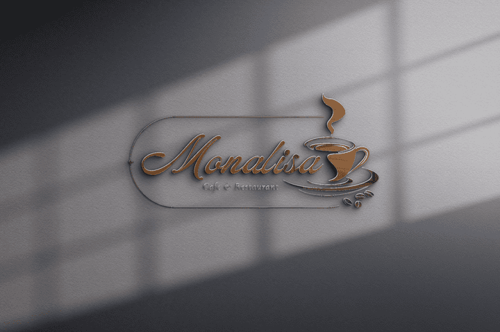 "شعار كلاسيكي لمقهى ومطعم (Monalisa Cafe & Restaurant) بأسلوب خط متصل مزخرف وعناصر القهوة."