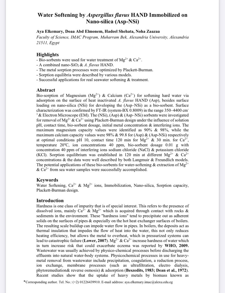 Water Softening by Aspergillus flavus HAND Immobilized on Nano-silica (Asp-NSi)