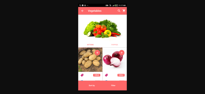 واجهة مستخدم لتطبيق هاتف ل متجر لبيع الاطعمةو الخضراوات