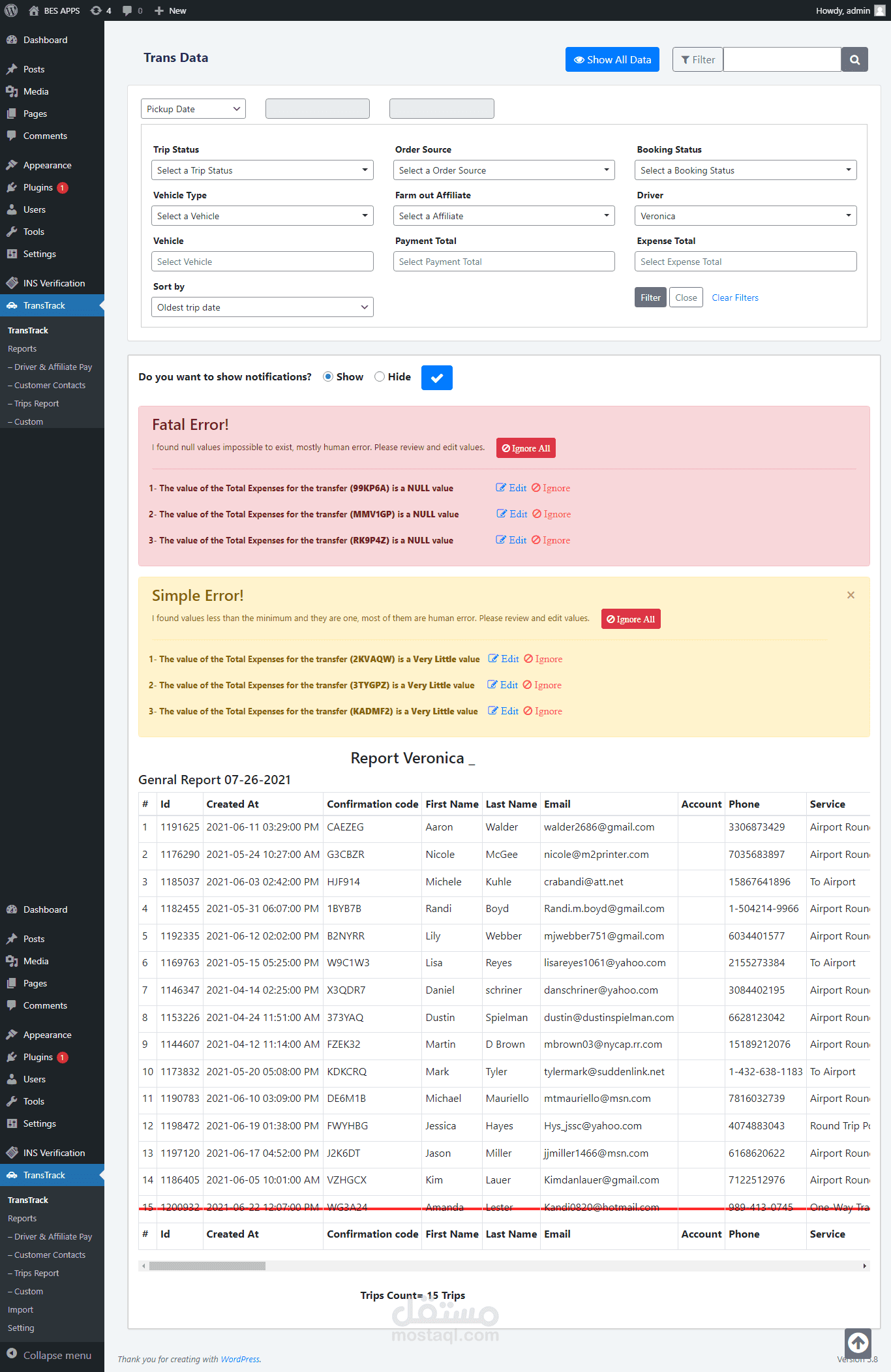 Trans track plugin - Web Application