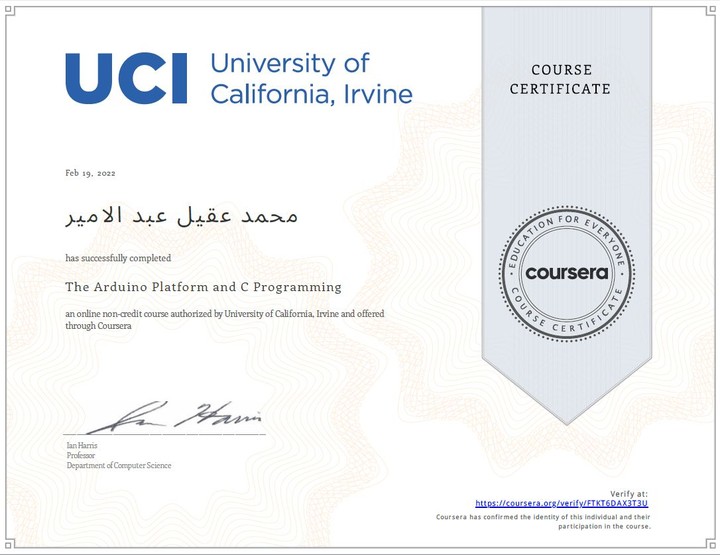 حاصل على شهادة  The Arduino Platform and C Programming