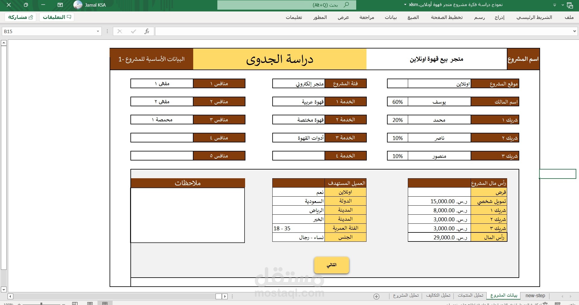 برنامج اكسيل جاهز لدراسة الجدوى