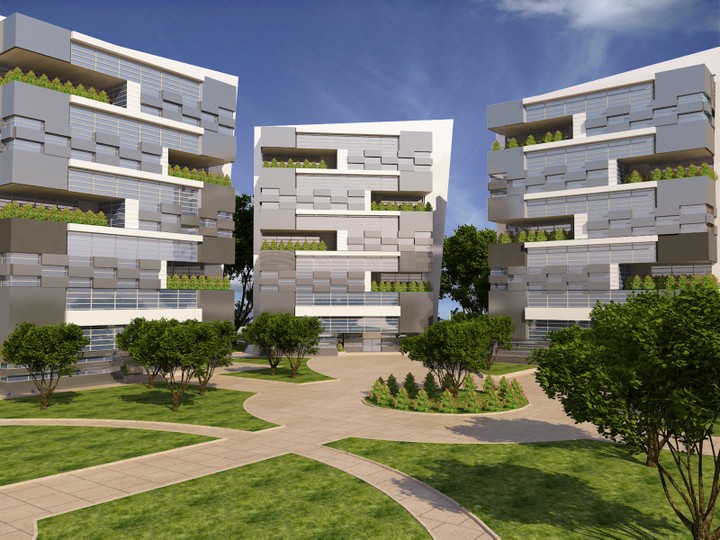 تصميم ثلاثي الابعاد ل 3 مباني مكاتب مع لاند سكايب و موقع عام