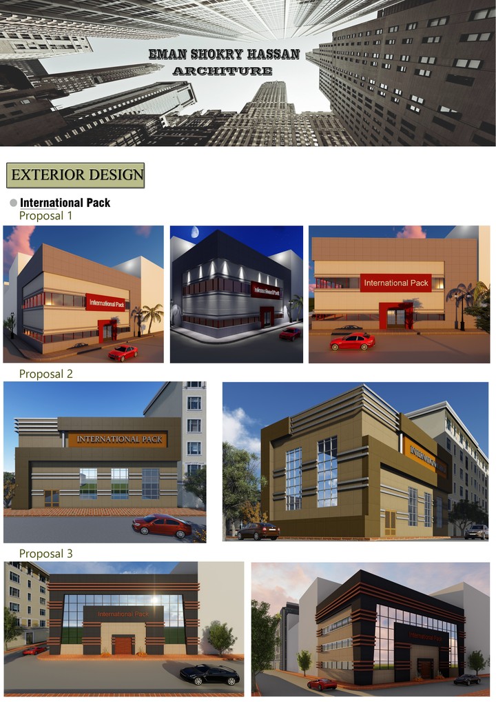 تصميم 3 اقتراحات لواجهة مبني international pack