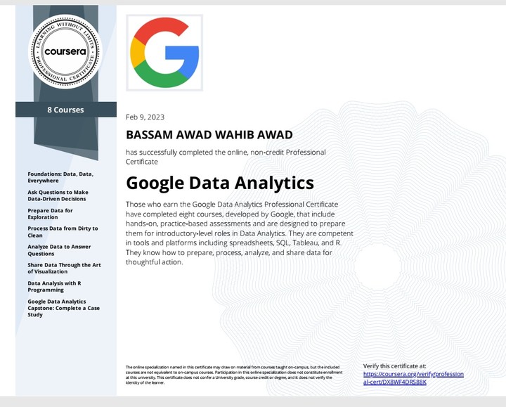 شهادة محلل بيانات جوجل Google Data Analytics Certificate