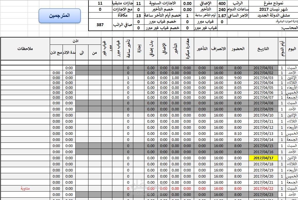 تصميم سجل دوام الموظفين على اكسل