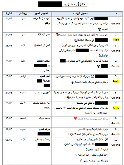 جدول محتوى إبداعي لمطعم