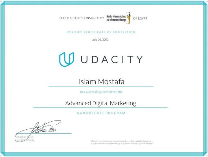 شهادة التسويق الرقمي المسار المتقدم معتمدة من Udacity