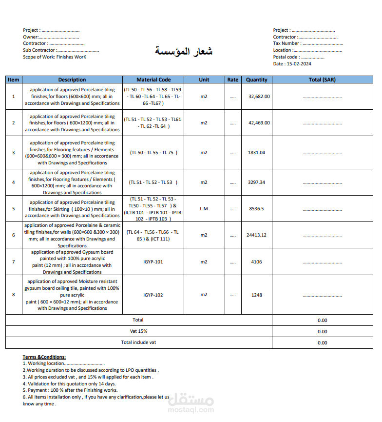 تسعير احترافي منافسة لأعمال تشطيبات لمول بالرياض