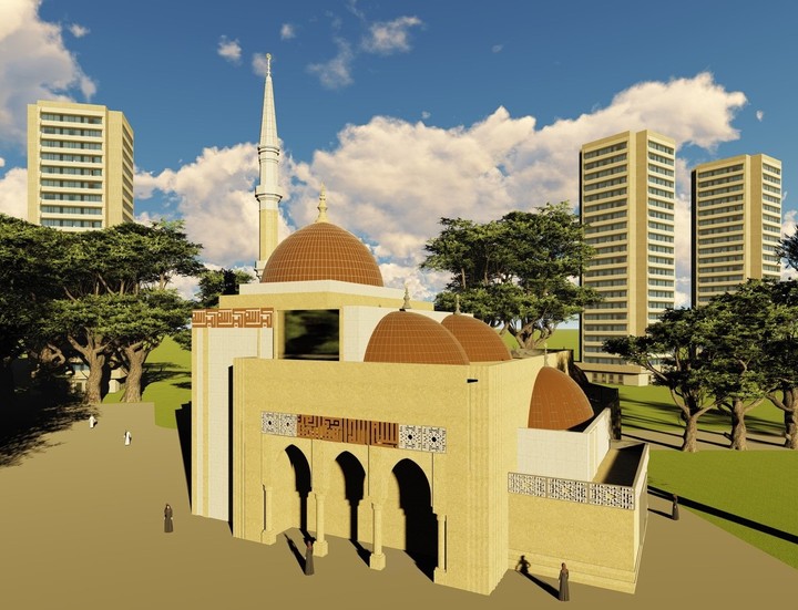 تصميم معماري لمسجد مع الاخراج.