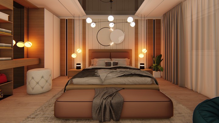 تصميم غرفة نوم رئيسية ملحق معها غرفة ملابس وحمام.