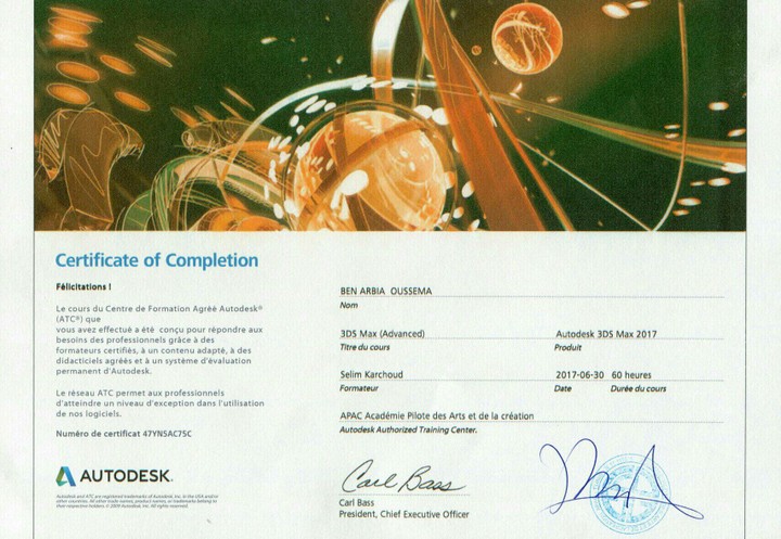 international certificate from autodesk american company in 3D