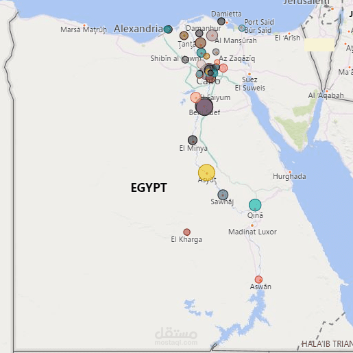 خريطة بيانية باستخدام برنامج PowerBI (التوزيع الجغرافي لعينة دراسة أكاديمية)