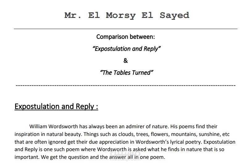 Comparison between: “Expostulation and Reply” & “The Tables Turned”