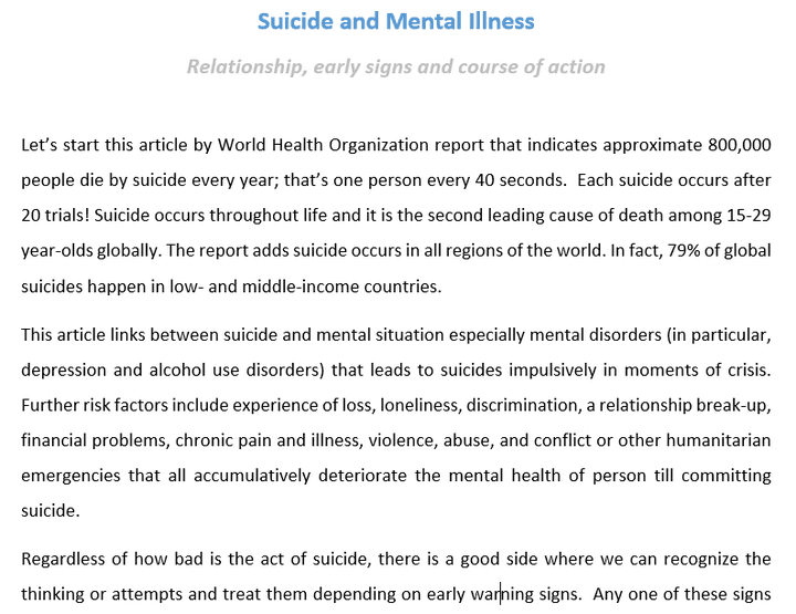 كتابة مقال حول الانتحار وعلاقته بالأمراض النفسية